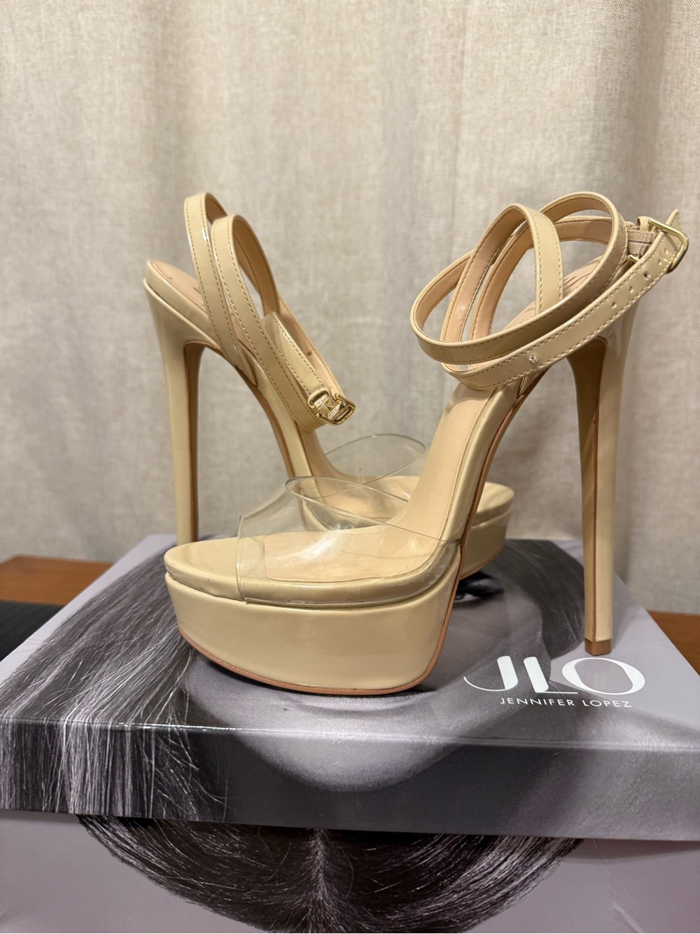 Jennifer Lopez “Junnie” Nude Clear-Strap Platform Stiletto Sandals Size 8